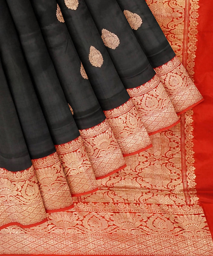 Black and red handloom silk katan banarasi saree
