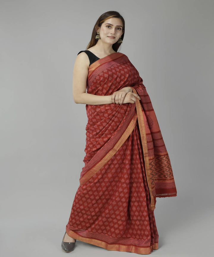 Maroon rust bagru handblock printed cotton saree