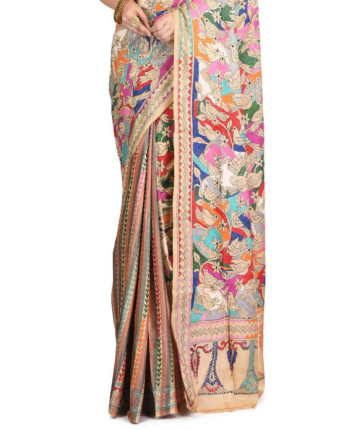 Beige exclusive bengal tasar saree with hand embroidery work