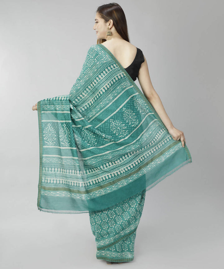Teal green bagru handblock printed cotton silk saree