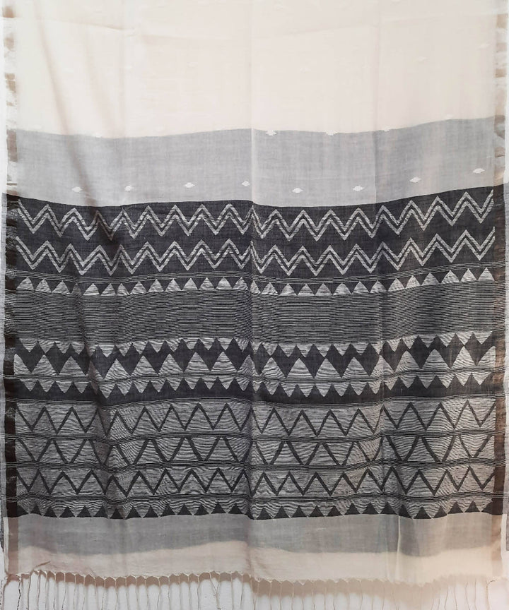 Handwoven off white jamdani muslin saree with silver zari border