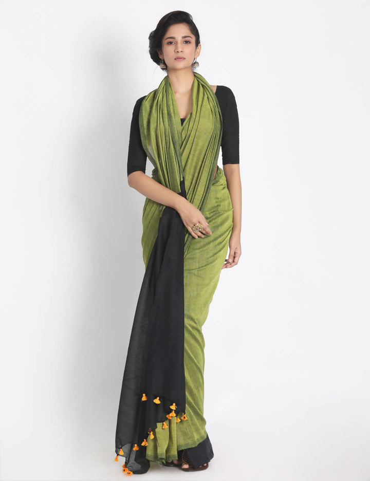Light lime handspun handwoven cotton saree