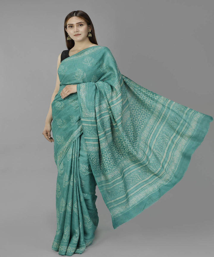 Dark turquoise bagru handblock printed tussar silk saree