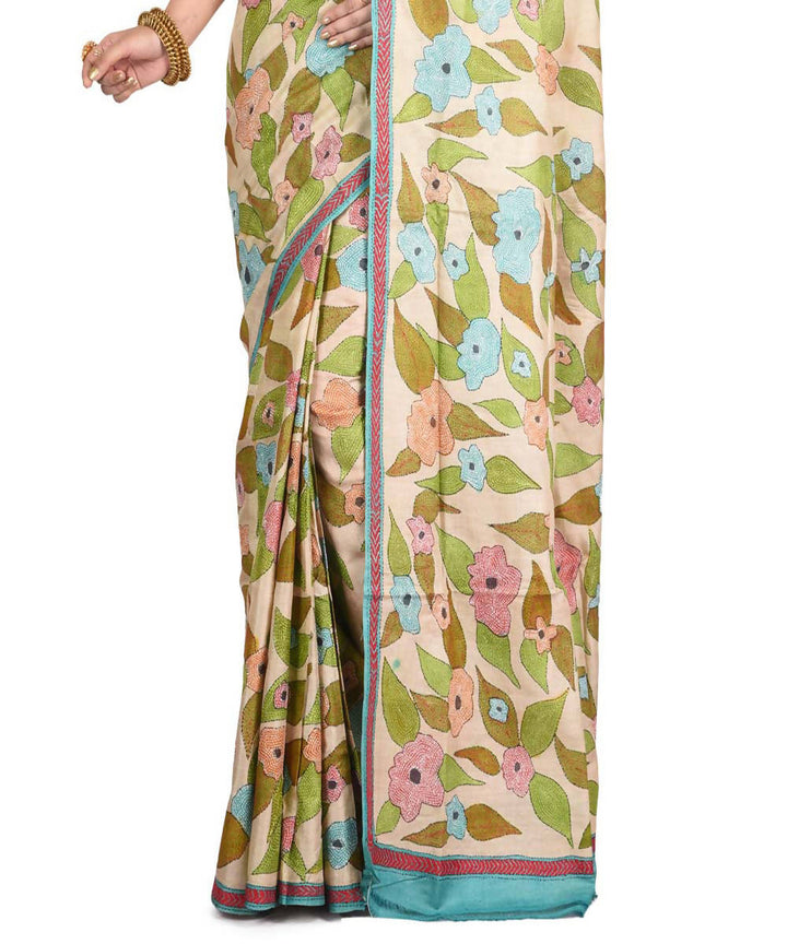 Green exclusive bengal tasar saree with hand embroidery work