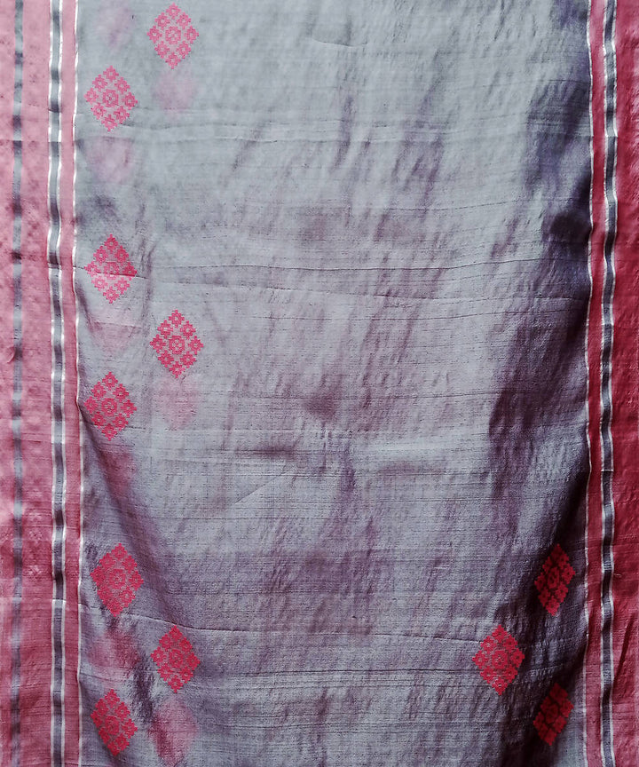 Grey red handwoven baavanbuti mulberry silk saree