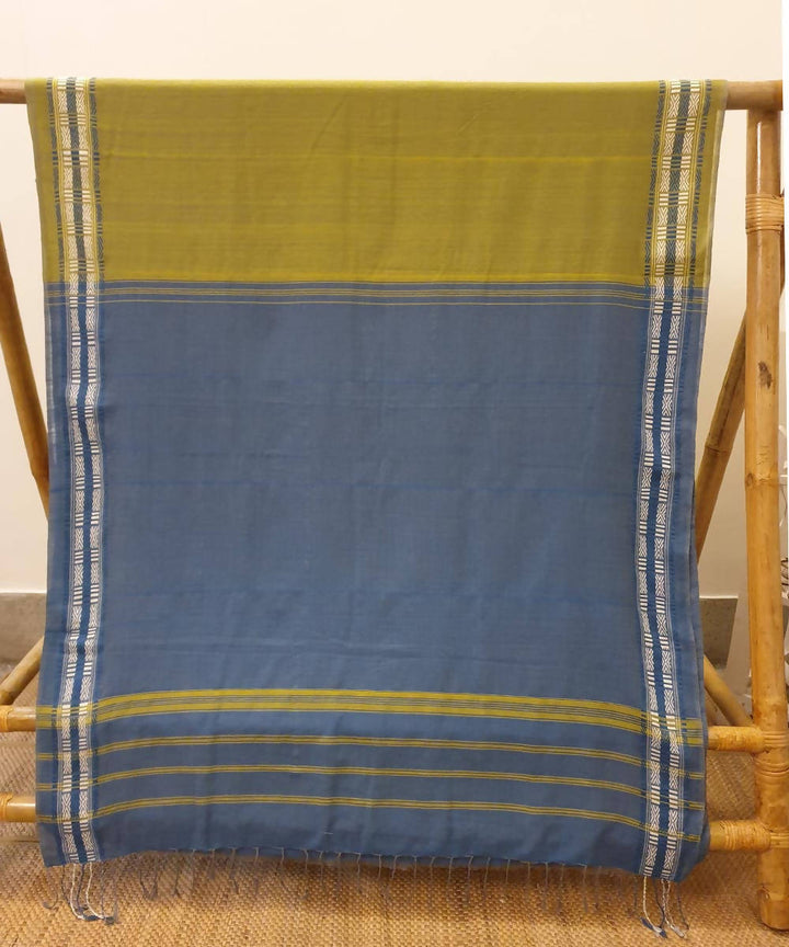 Olive green blue handwoven bodo motif cotton assam saree