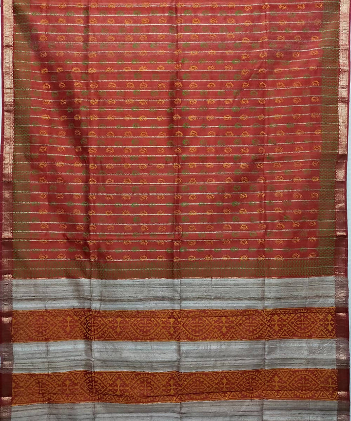 Brick red handwoven cotton silk maheshwari saree