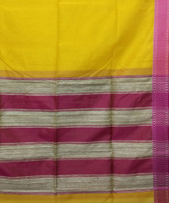 Yellow and pink handloom cotton silk maheshwari saree