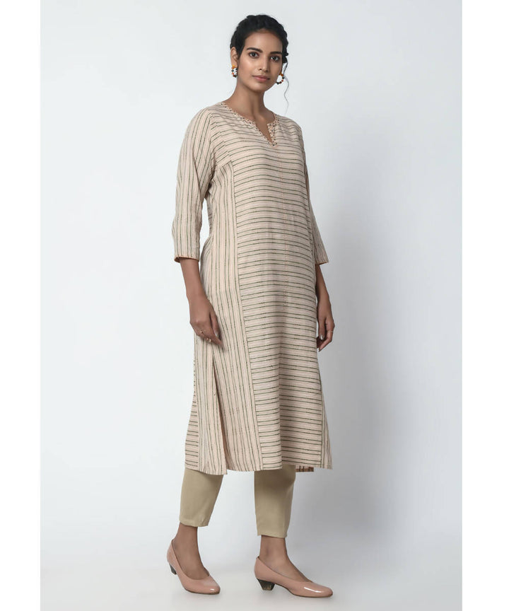 Beige Stripe Hand Embroidered Cotton Kurta