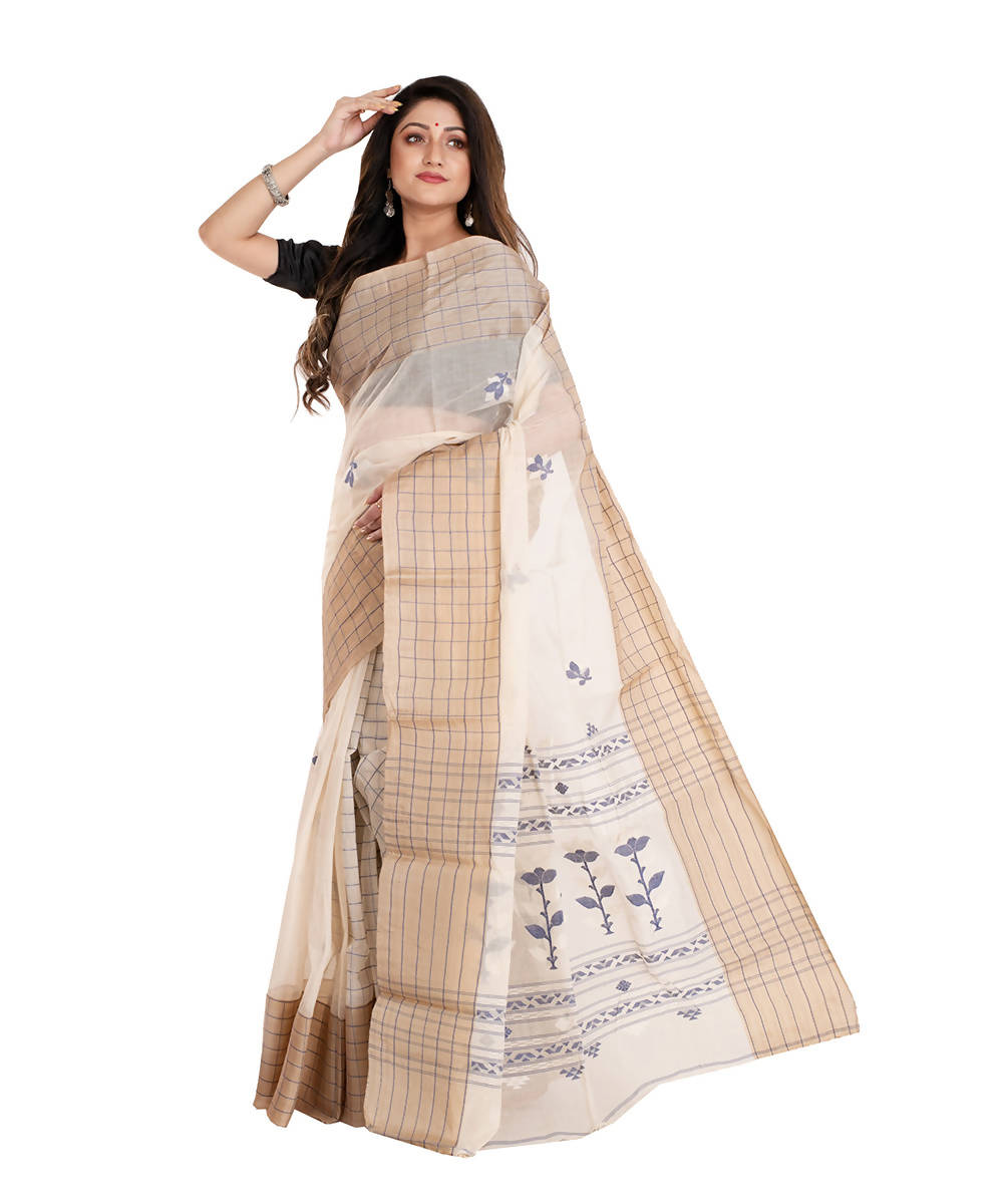 Offwhite and brown handwoven jamdani cotton bengal saree