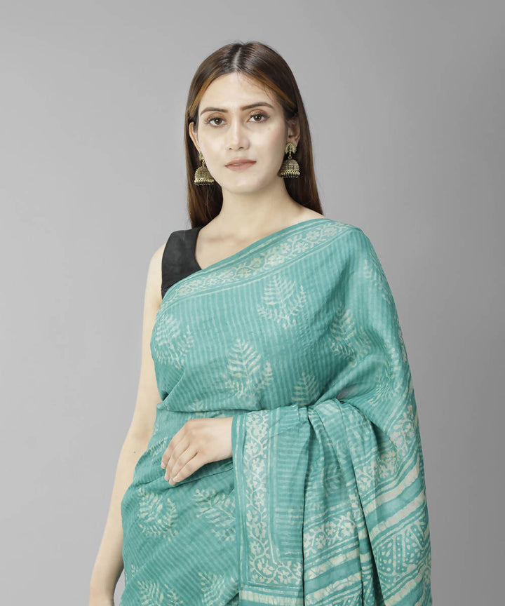Dark turquoise bagru handblock printed tussar silk saree