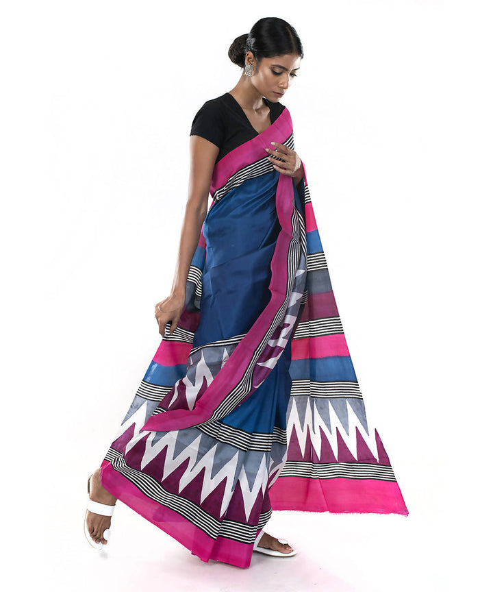 Navy and pink hand block print bengal silk saree