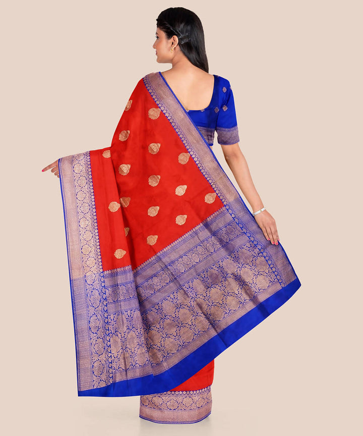 Red and blue handloom silk katan banarasi saree