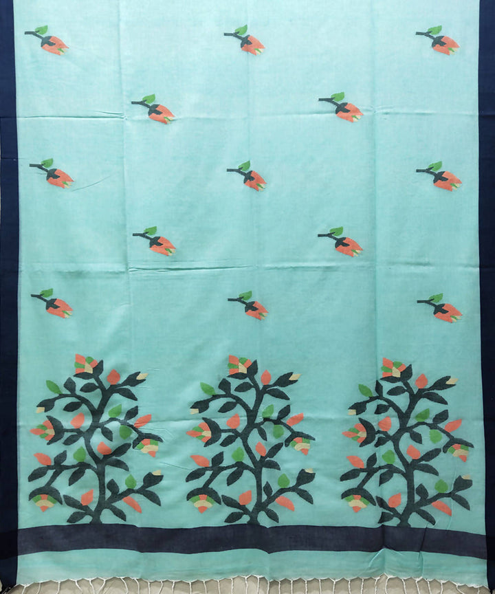 Pale blue handwoven malmal cotton jamdani saree
