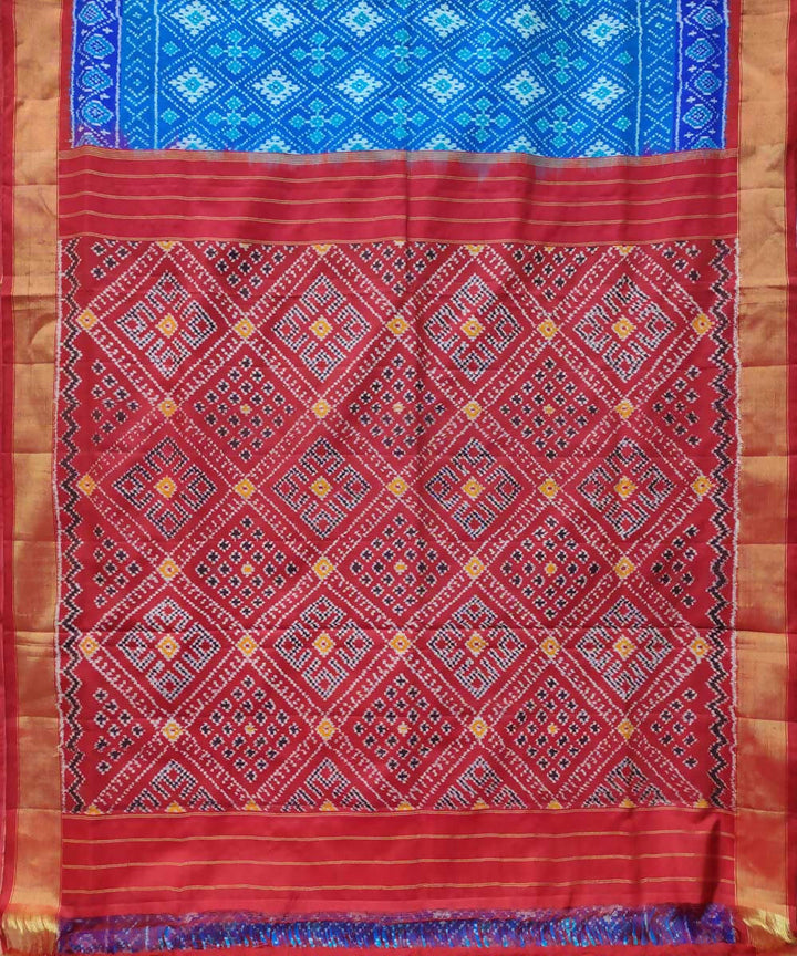 Blue and red handwoven ikkat silk pochampally saree