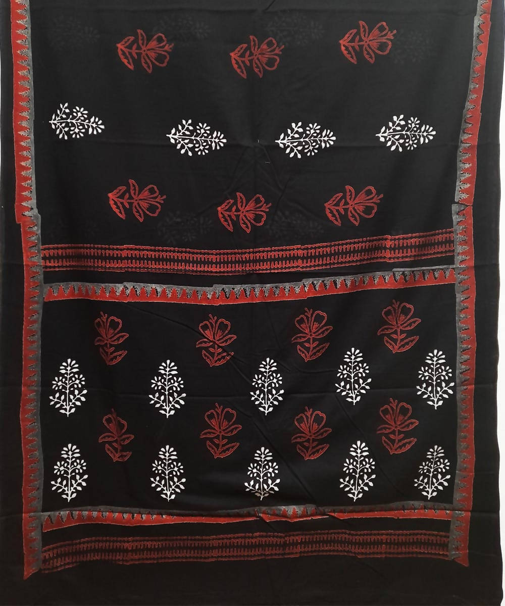 Black red white hand block print cotton saree