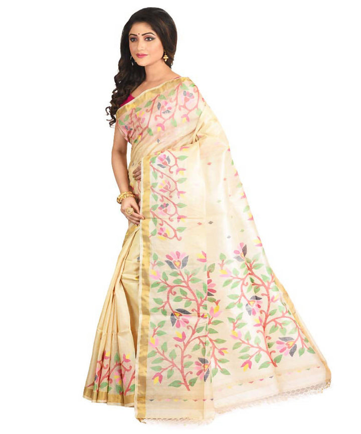 Resham shilpi bengal tasar cream saree with handwoven jamdani work