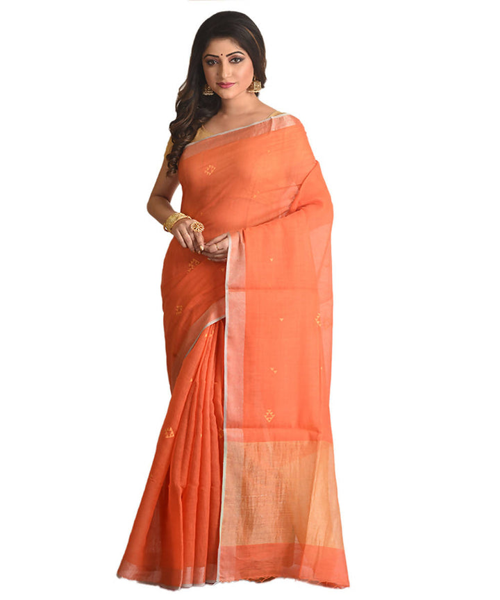 Resham shilpi bengal orange silk cotton handwoven jamdani saree