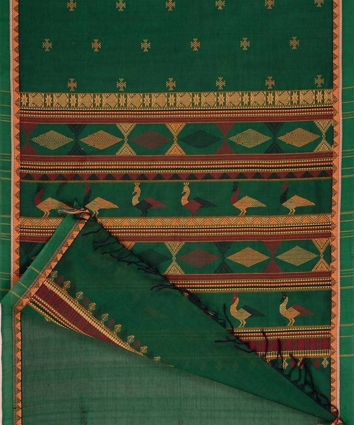 Dark green kanchi silkcotton saree with thread work bomkai pallu