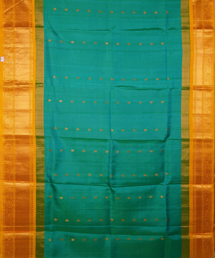 Cyan green yellow handwoven silk gadwal saree