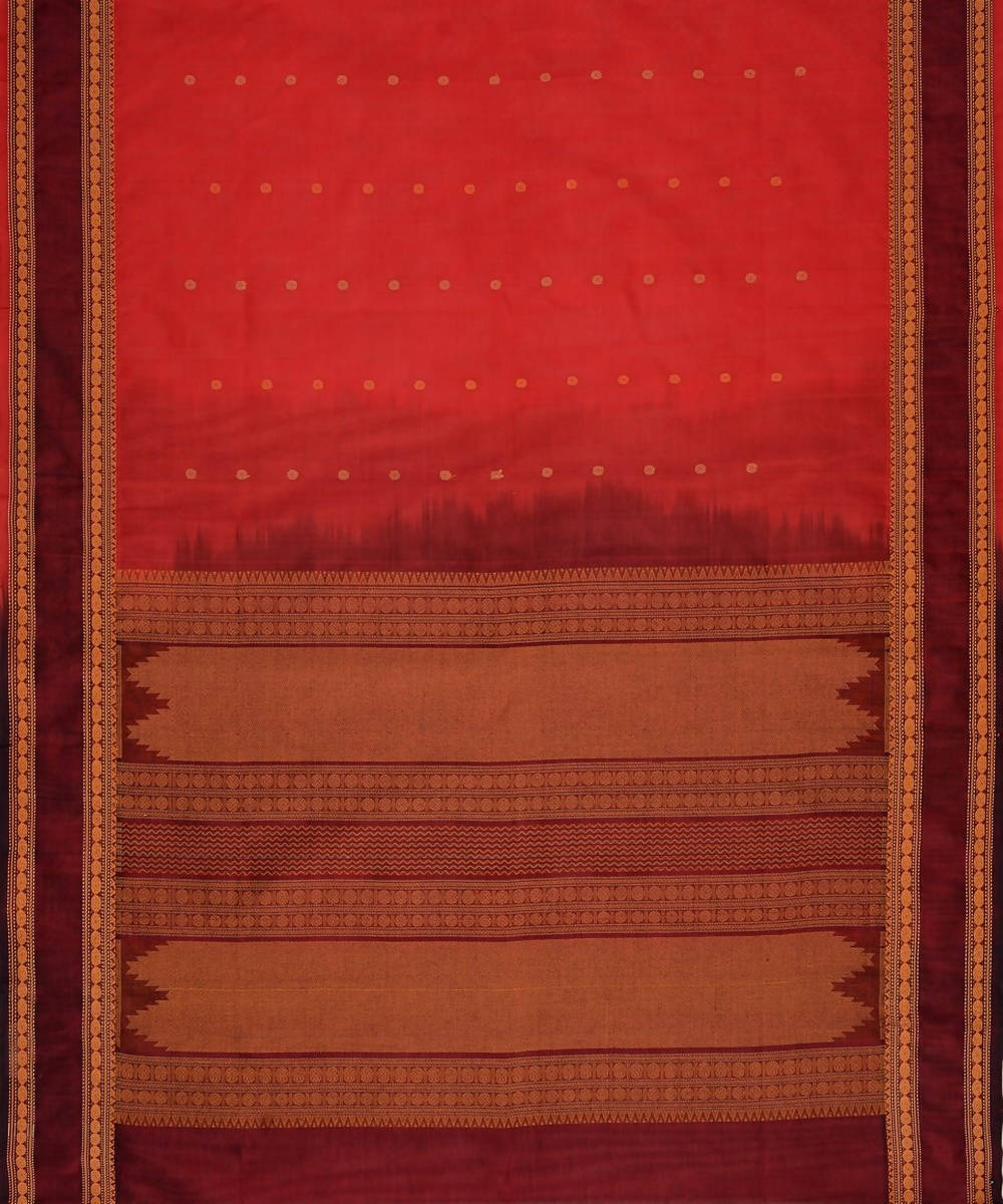 Scarlet red kanchi silkcotton saree with butta and maroon border