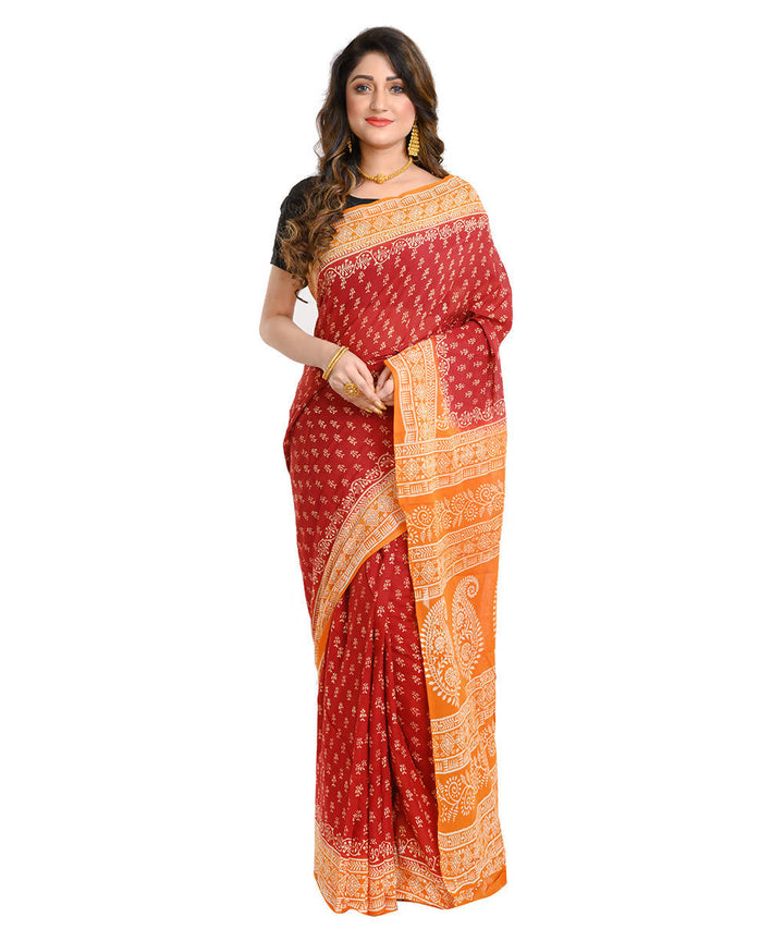 Brown orange hand block print cotton bengal saree