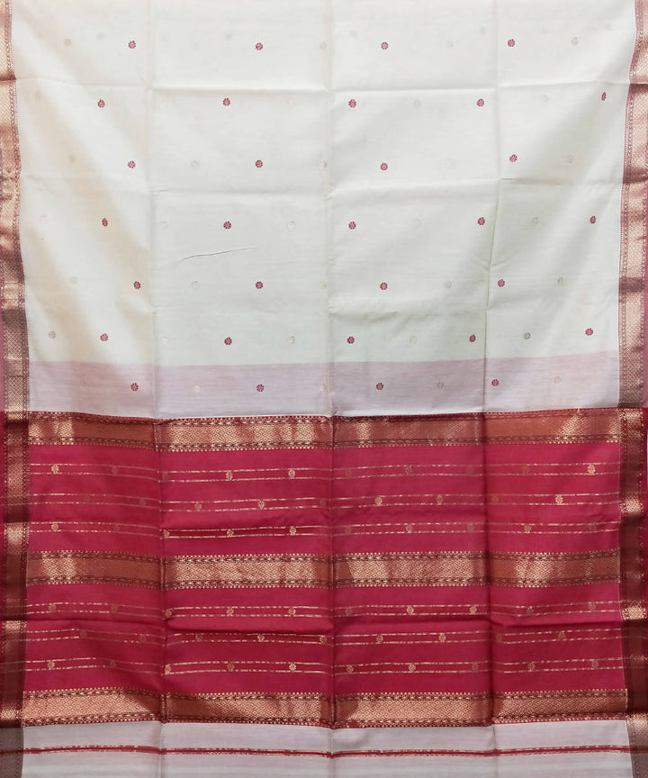 Anti flash white red handwoven cotton silk maheshwari saree