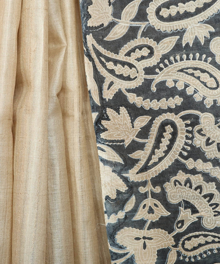 Kiara crafts beige handwoven hand block print tussar silk saree