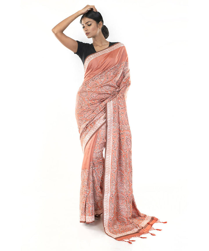 Light orange hand block print bengal silk saree