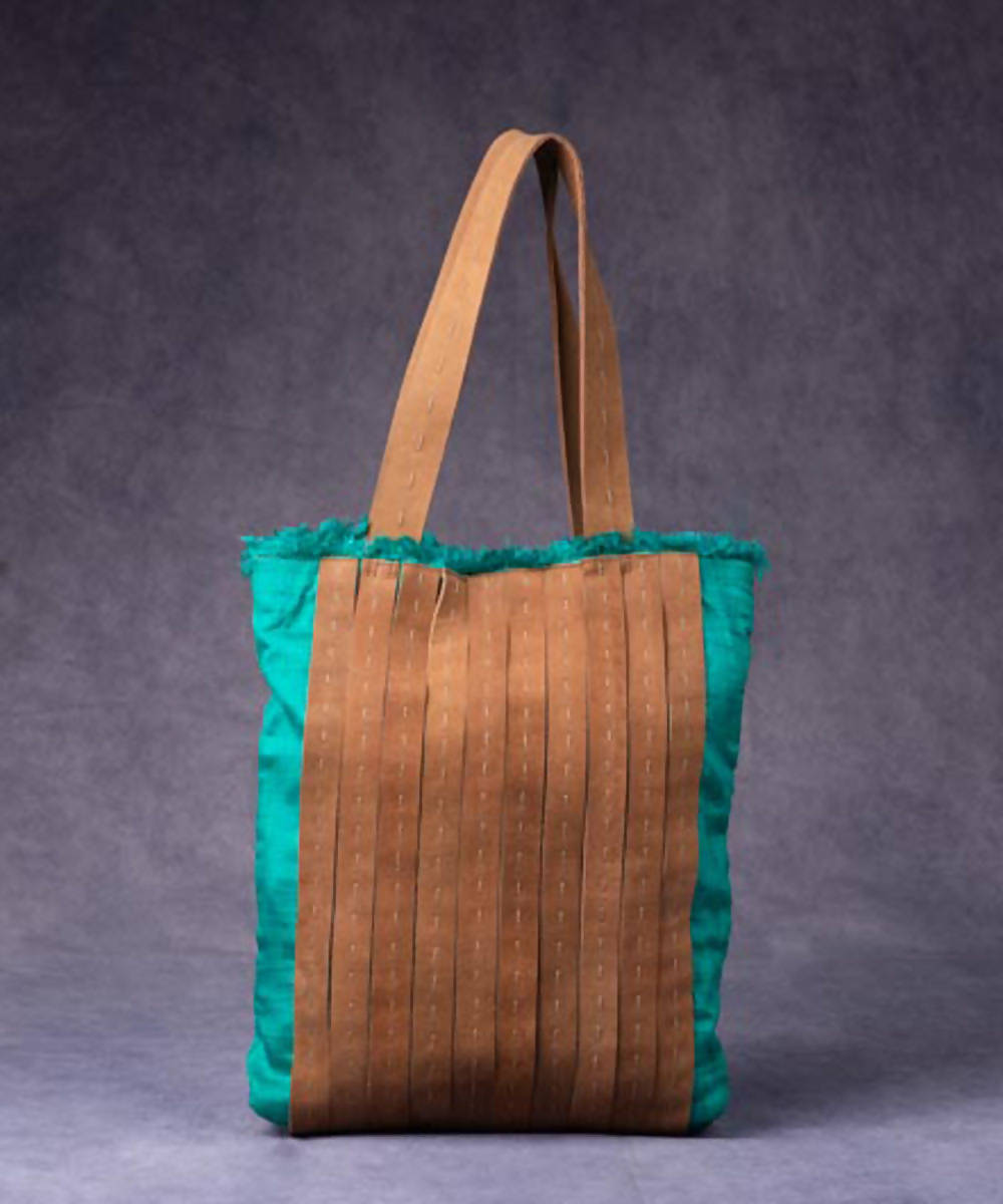 Sea green brown handmade silk bag with leather button and handle