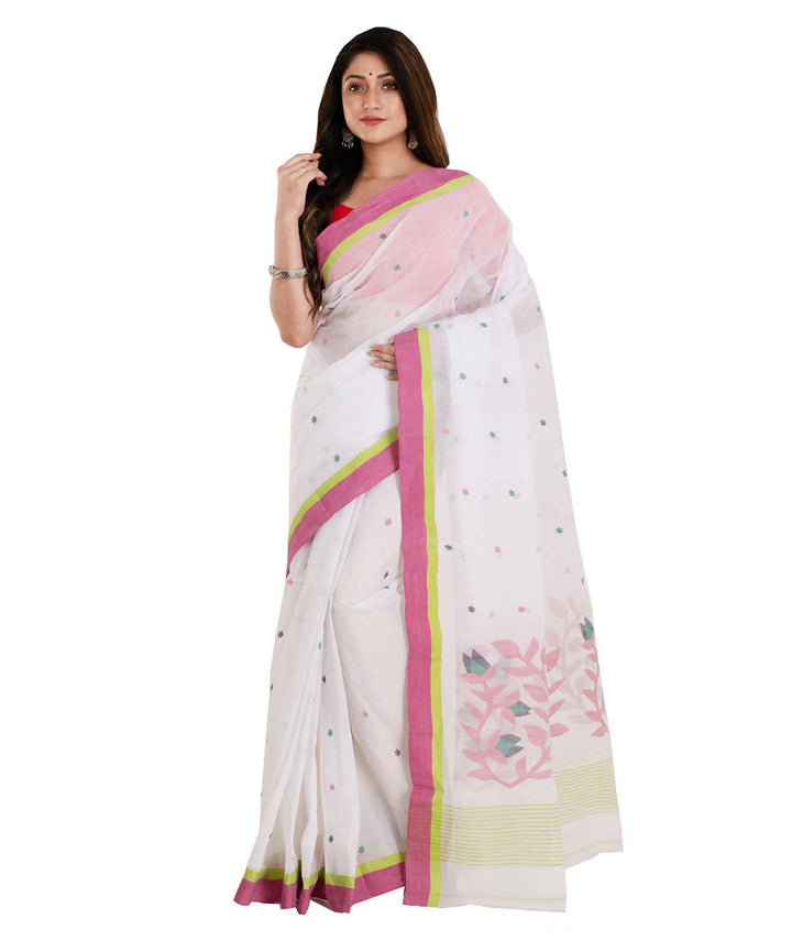 White olive handwoven cotton bengal saree