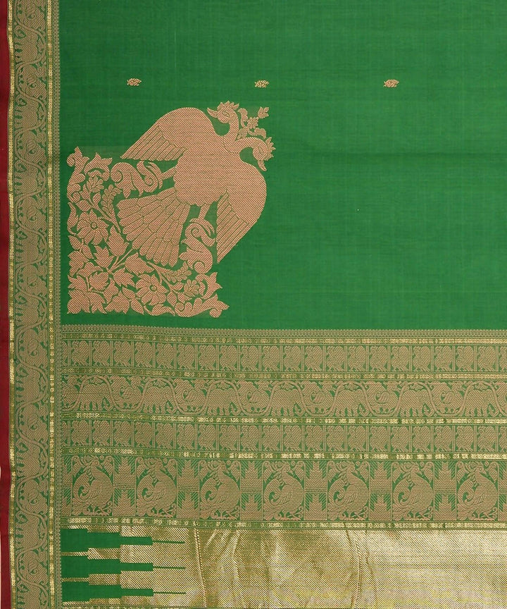 Dark green handloom kanchi cotton saree with gandaberunda corner motif