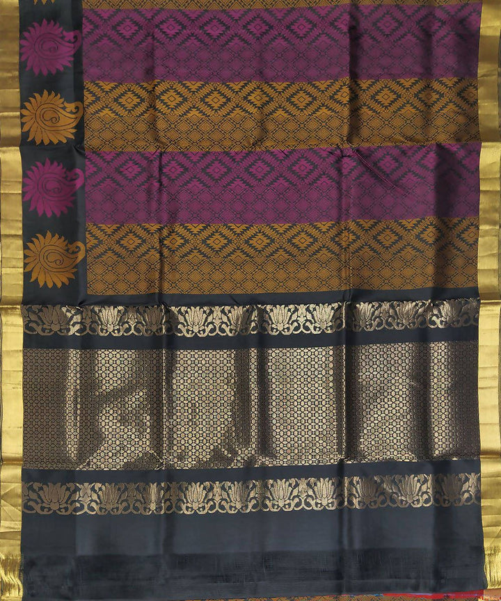 Black with purple and mustard handloom soft silk saree