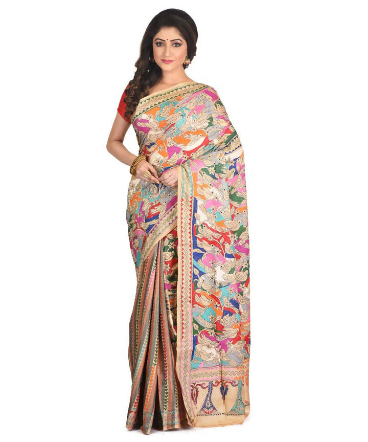 Beige exclusive bengal tasar saree with hand embroidery work