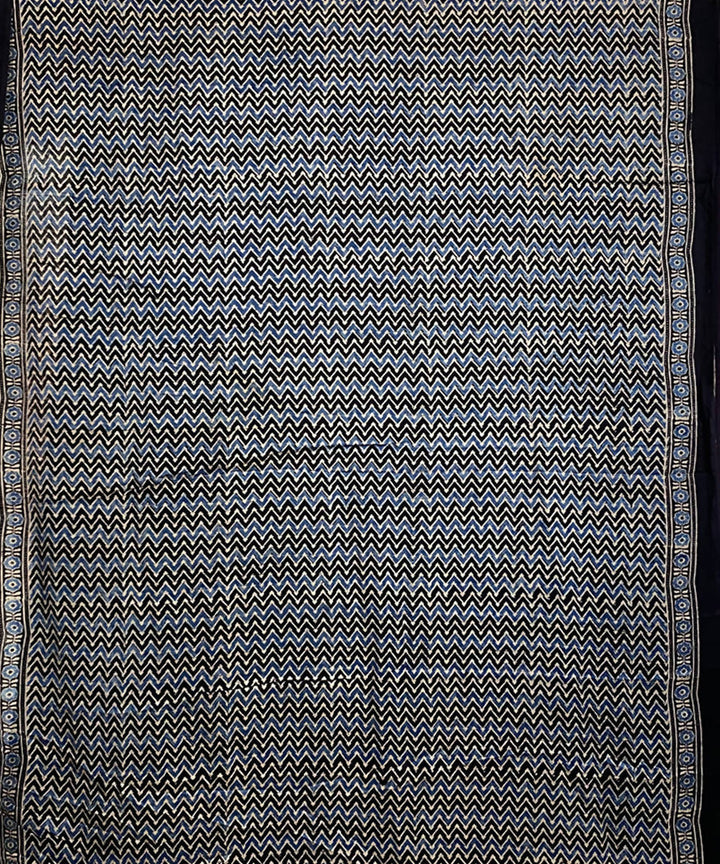 Black grey hand printed ajrakh modal silk saree
