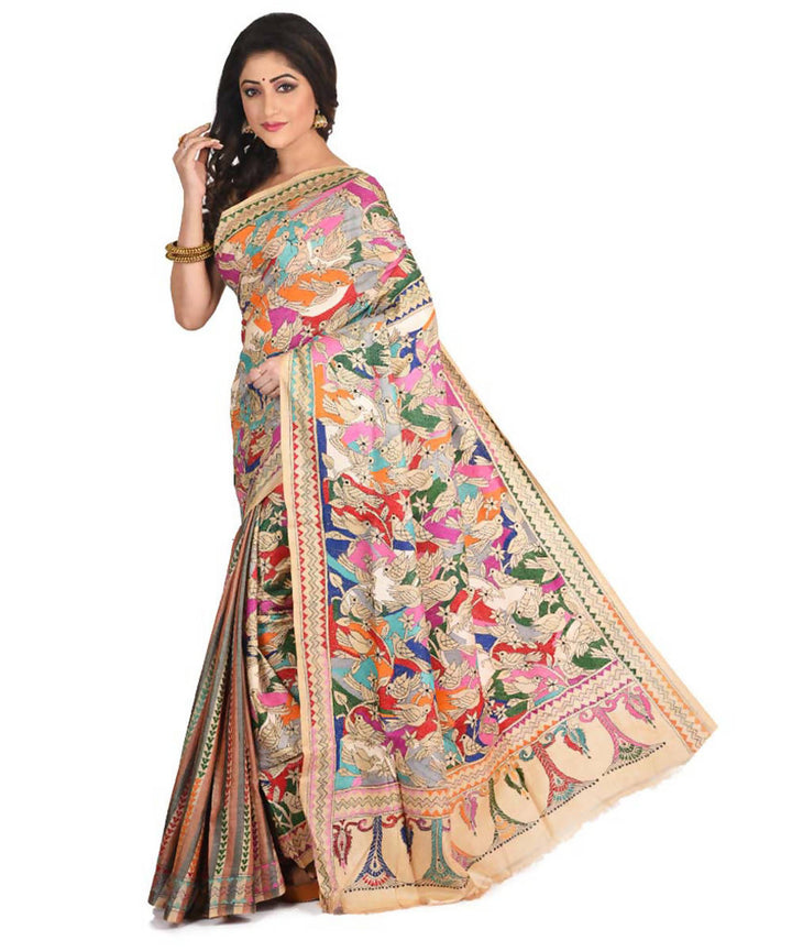 Beige exclusive bengal tasar saree with hand embroidery work