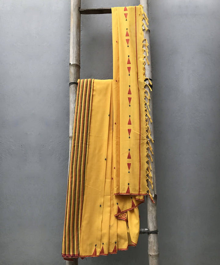 Yellow red handwoven extra weft cotton saree