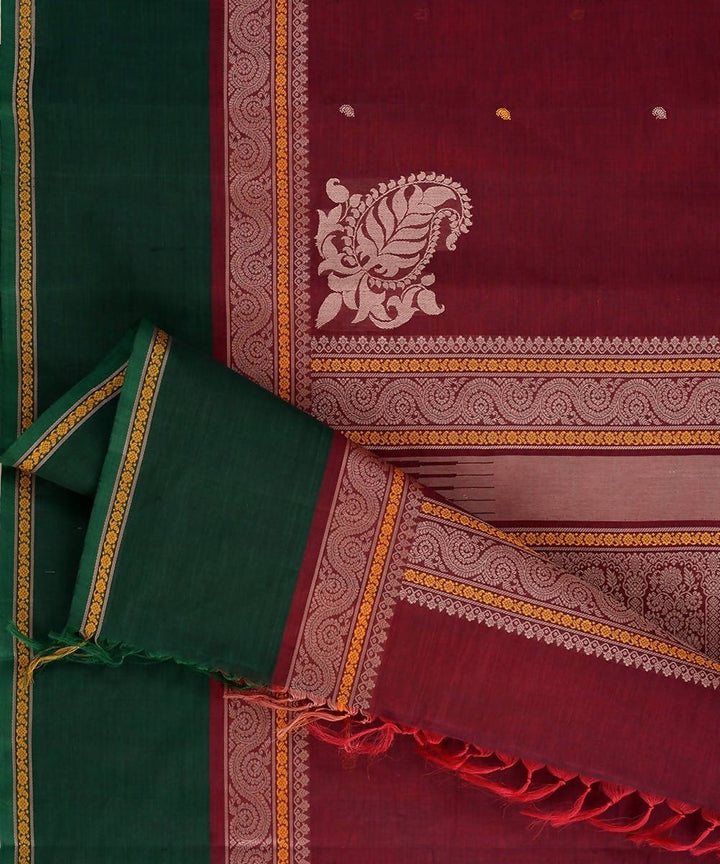 Dark red handloom kanchi cotton mubbhagam saree with butties