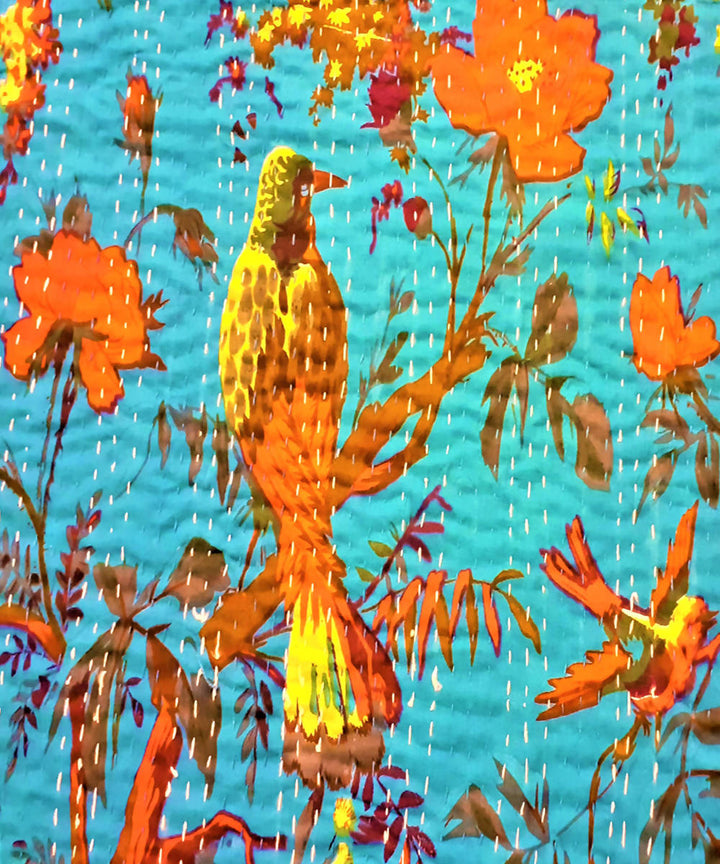 Turquoise kantha work double layered cotton bedcover (Double Bed)
