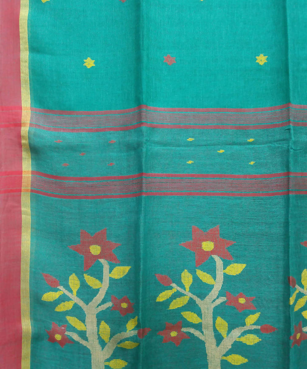 Green Handloom Linen Jamdani Bengal Saree
