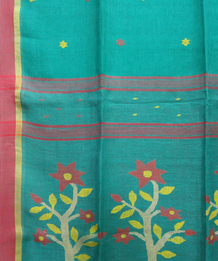 Green Handloom Linen Jamdani Bengal Saree
