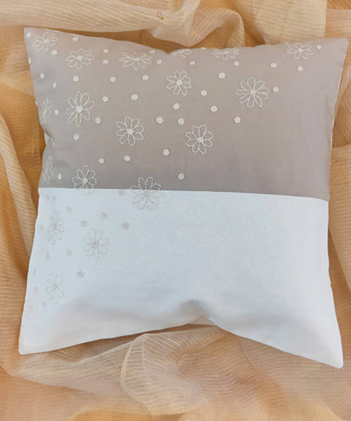 Hand embroidered white grey cotton cushion cover