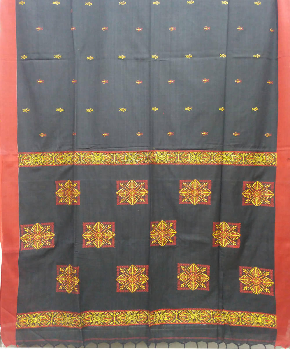Black Red Handspun Handloom Cotton Saree