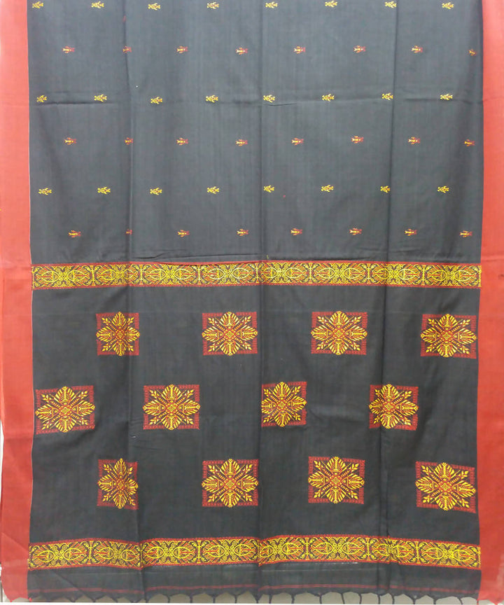 Black Red Handspun Handloom Cotton Saree