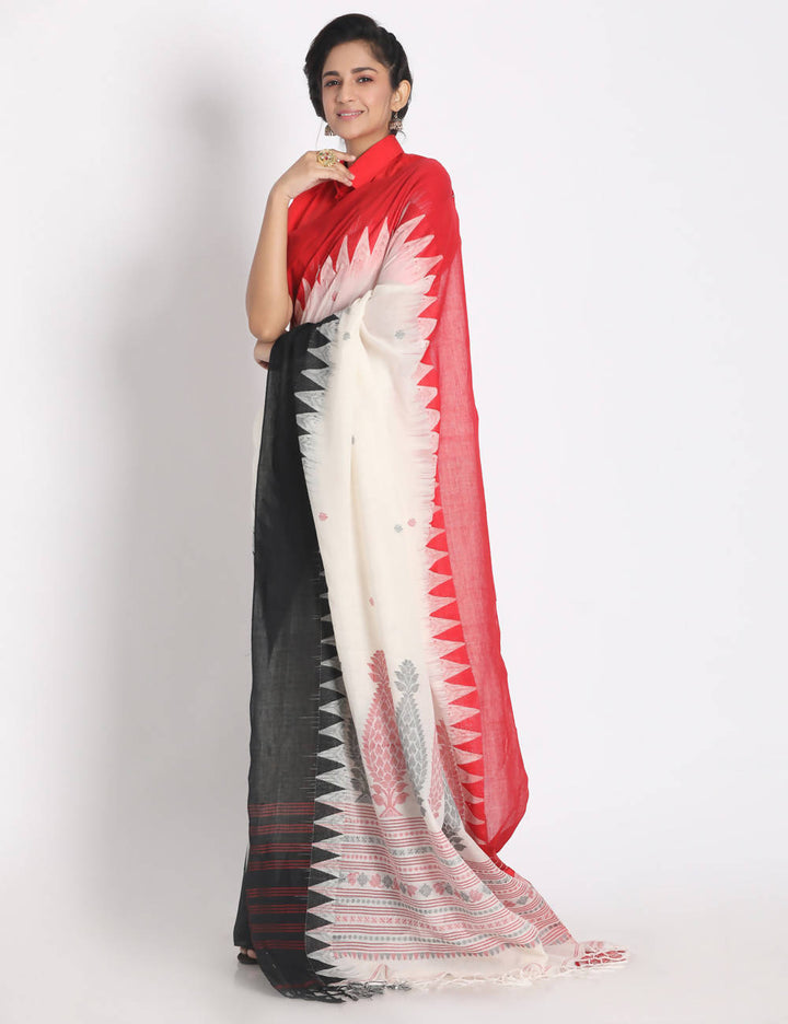 White handspun handwoven cotton saree