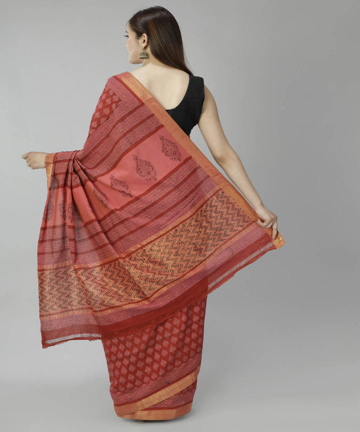 Maroon rust bagru handblock printed cotton saree