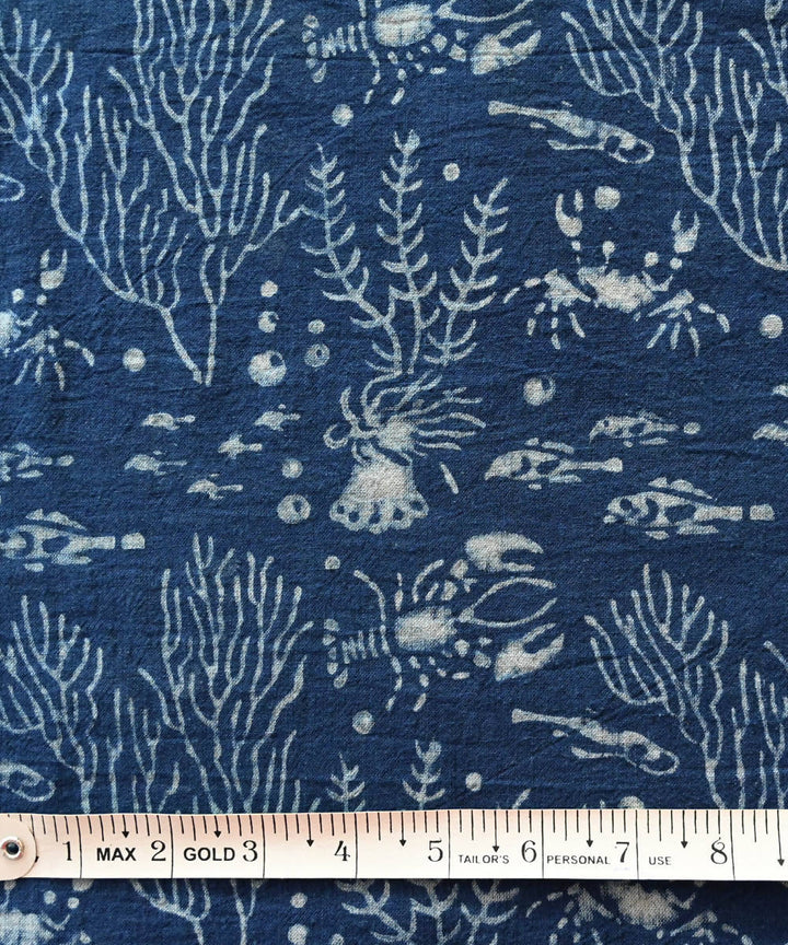 Dark indigo blue hand blockprint handspun handwoven cotton fabric