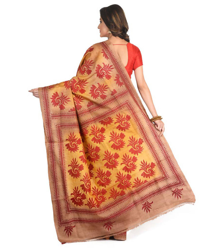 Yellow exclusive bengal tasar saree with hand embroidery work