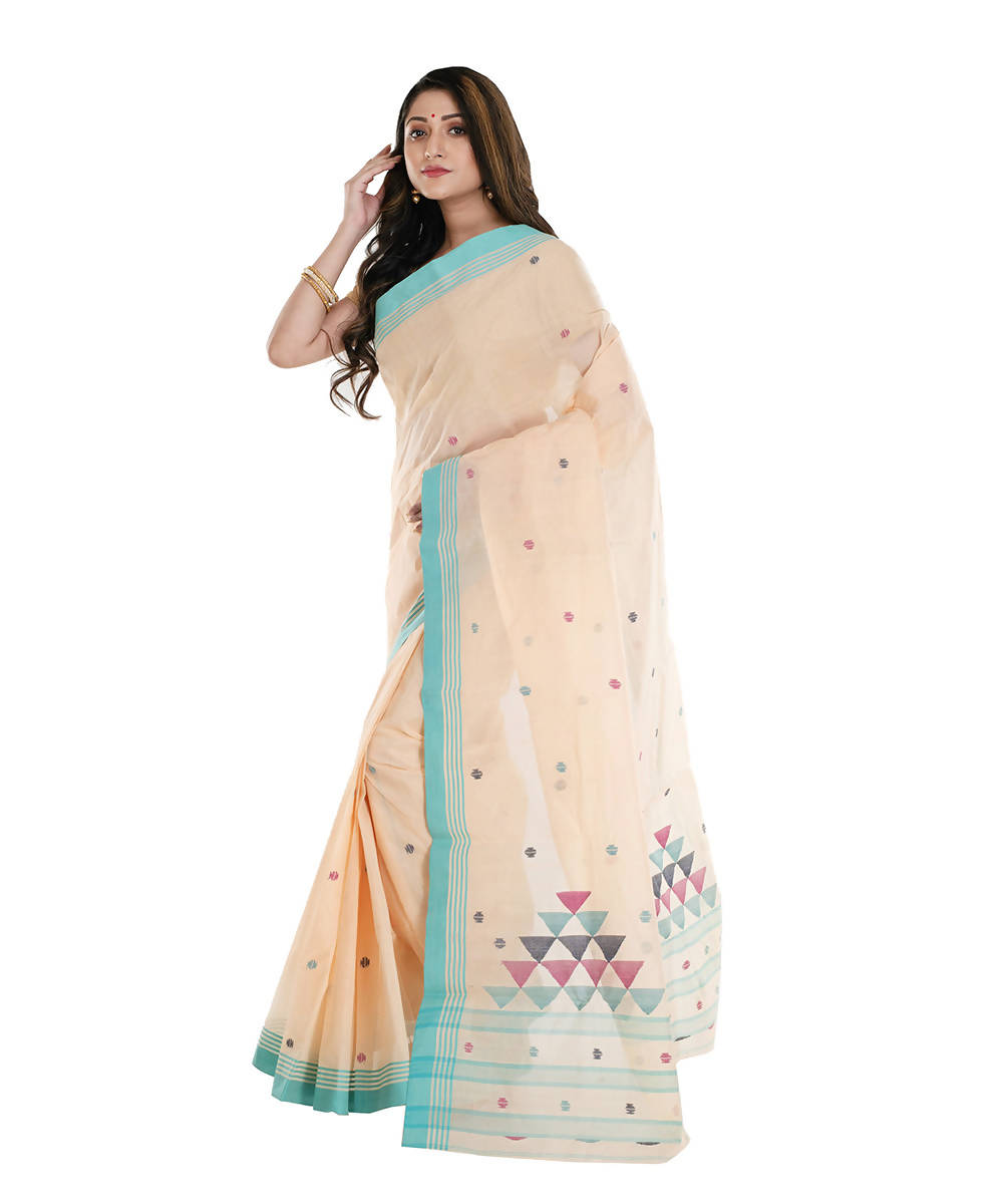 Offwhite cyan blue handwoven jamdani cotton bengal saree