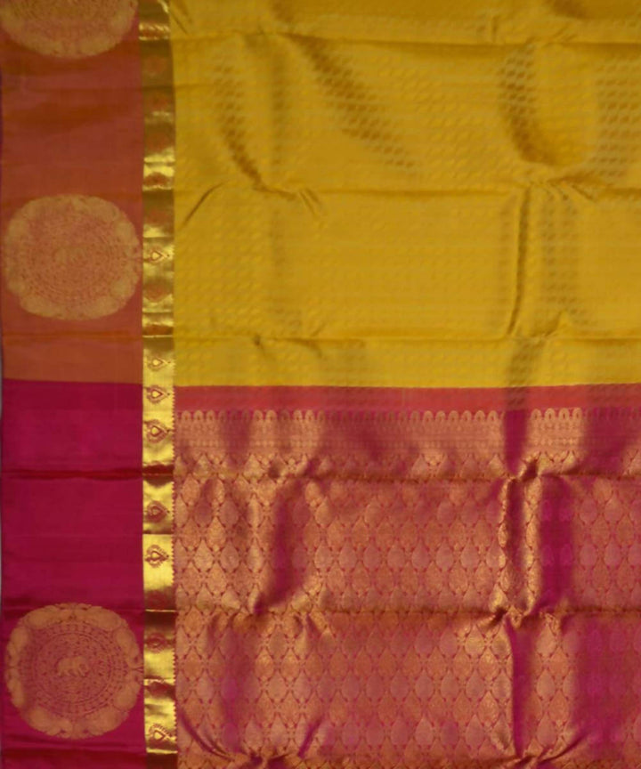 Lemon Yellow Pink Handloom Dharmavaram Embossed Work Silk Saree